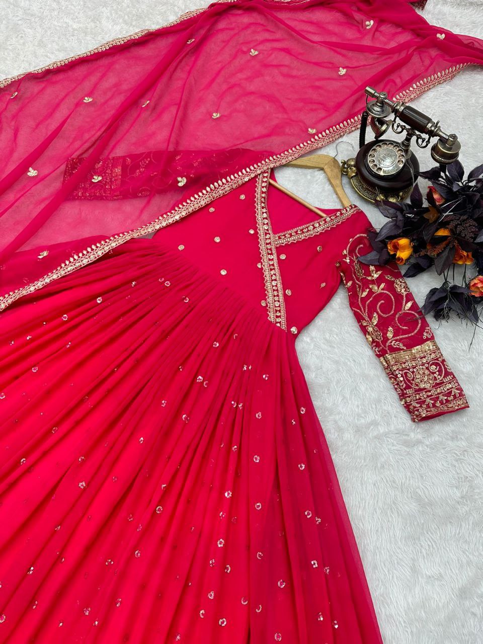 Pink Anarkali Gown in Georgette with Embroidery Sequence Work ClothsVilla