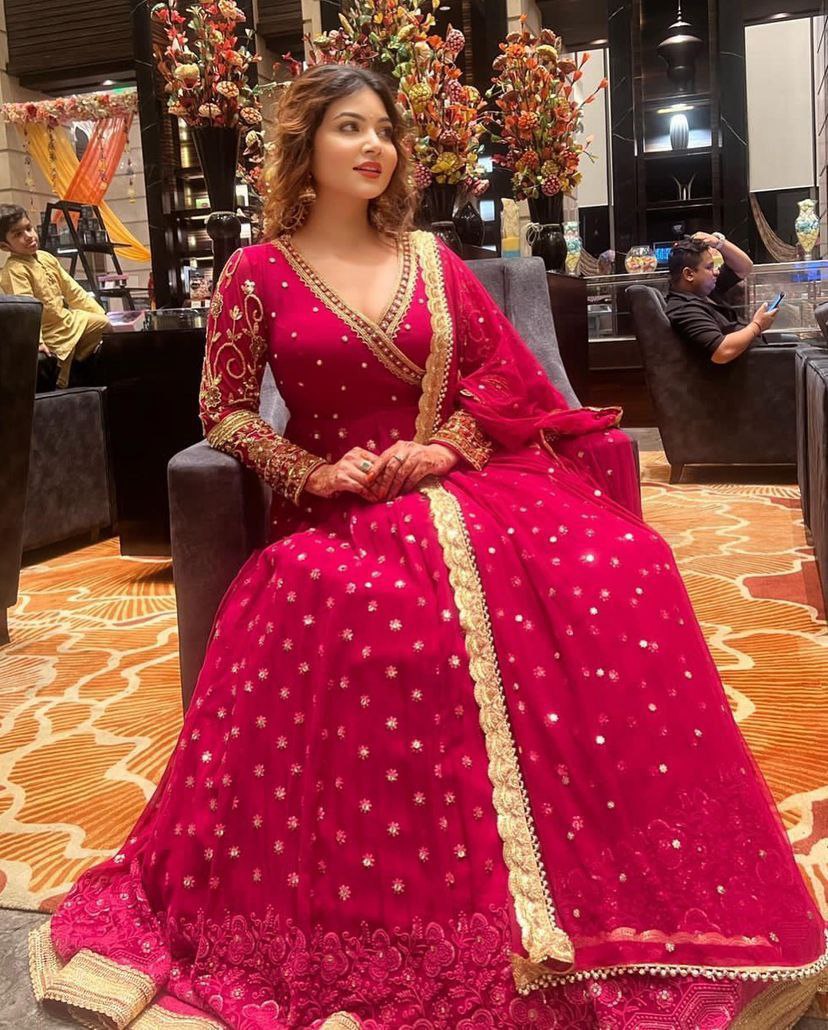 Pink Anarkali Gown in Georgette with Embroidery Sequence Work ClothsVilla