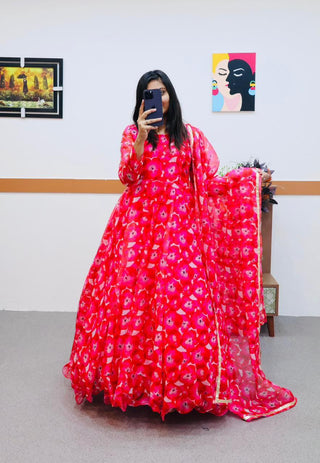 Pink Anarkali Gown in Organza with Floral Print ClothsVilla