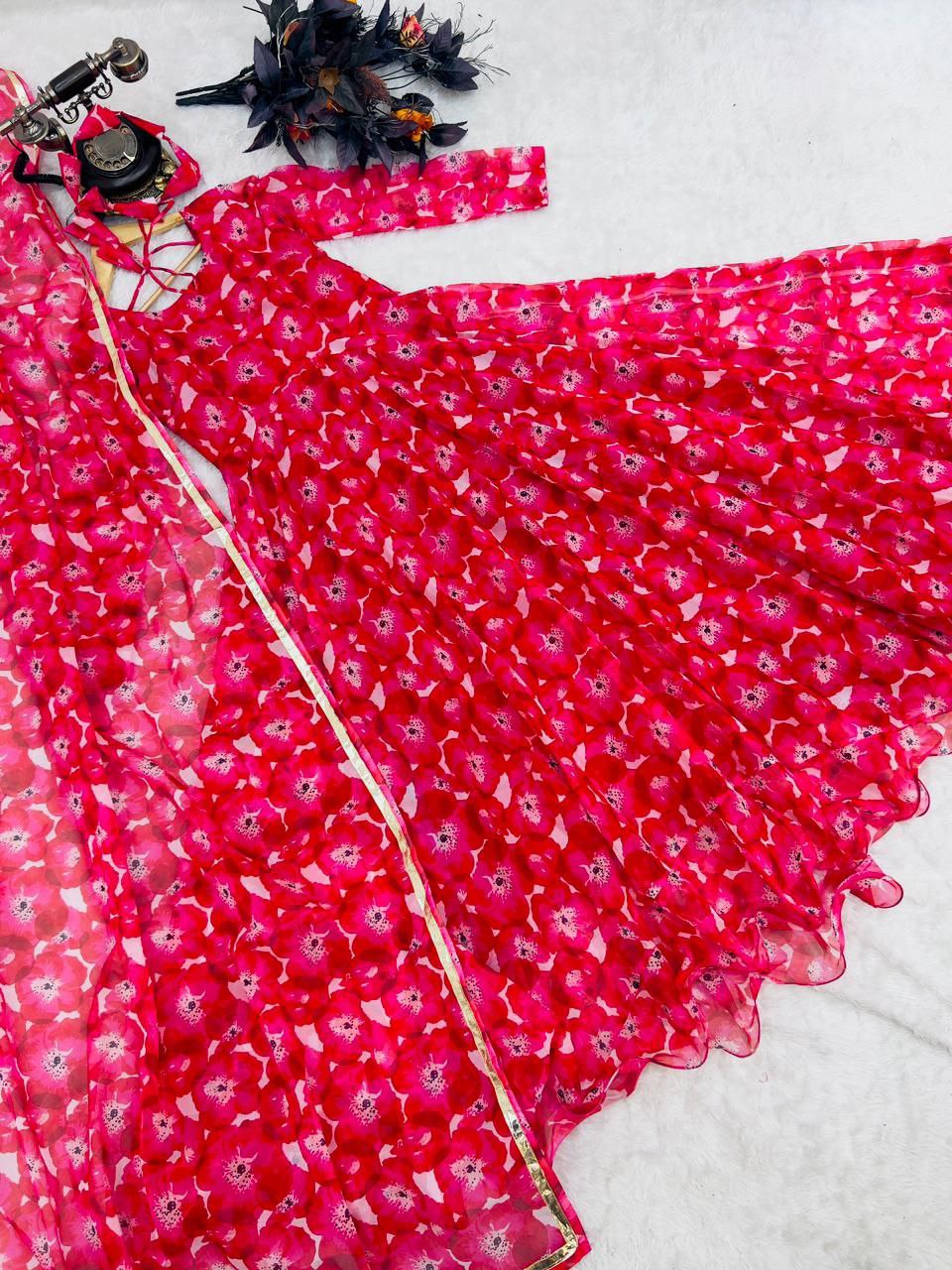 Pink Anarkali Gown in Organza with Floral Print ClothsVilla