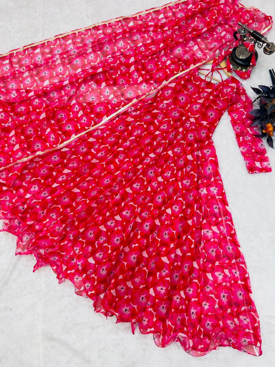Pink Anarkali Gown in Organza with Floral Print ClothsVilla