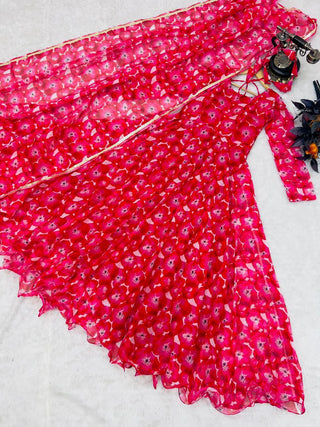 Pink Anarkali Gown in Organza with Floral Print ClothsVilla