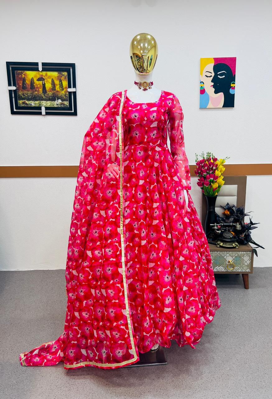 Pink Anarkali Gown in Organza with Floral Print ClothsVilla