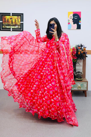 Pink Anarkali Gown in Organza with Floral Print ClothsVilla