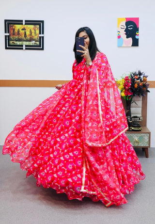 Pink Anarkali Gown in Organza with Floral Print ClothsVilla