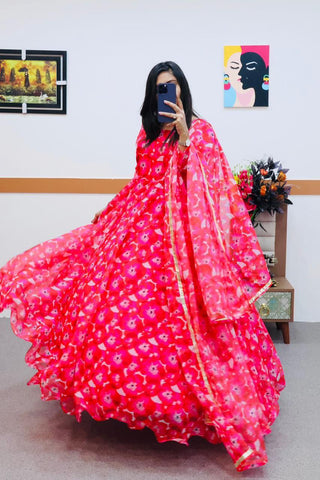 Pink Anarkali Gown in Organza with Floral Print ClothsVilla