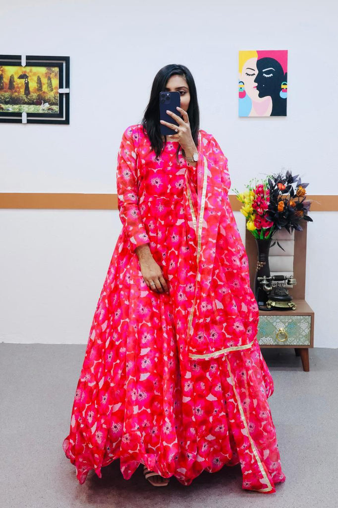 Pink Anarkali Gown in Organza with Floral Print ClothsVilla