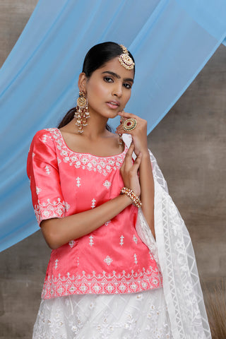 Pink And White Color Designer Wedding Lehenga With Embroidery Work On Net Fabric ClothsVilla