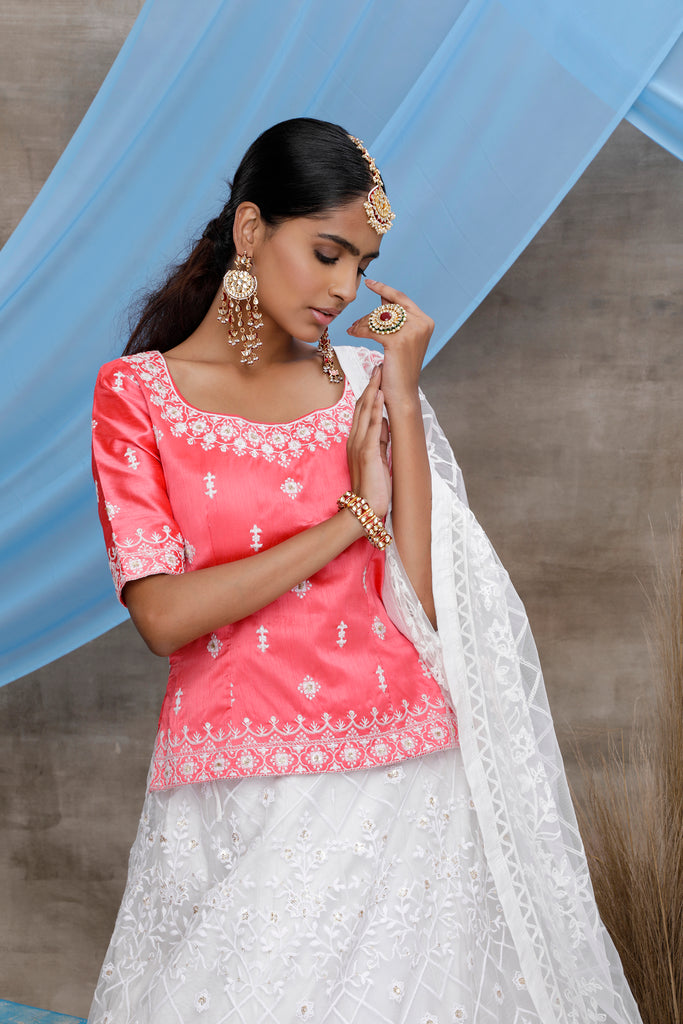 Pink And White Color Designer Wedding Lehenga With Embroidery Work On Net Fabric ClothsVilla