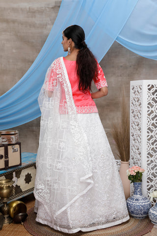 Pink And White Color Designer Wedding Lehenga With Embroidery Work On Net Fabric ClothsVilla