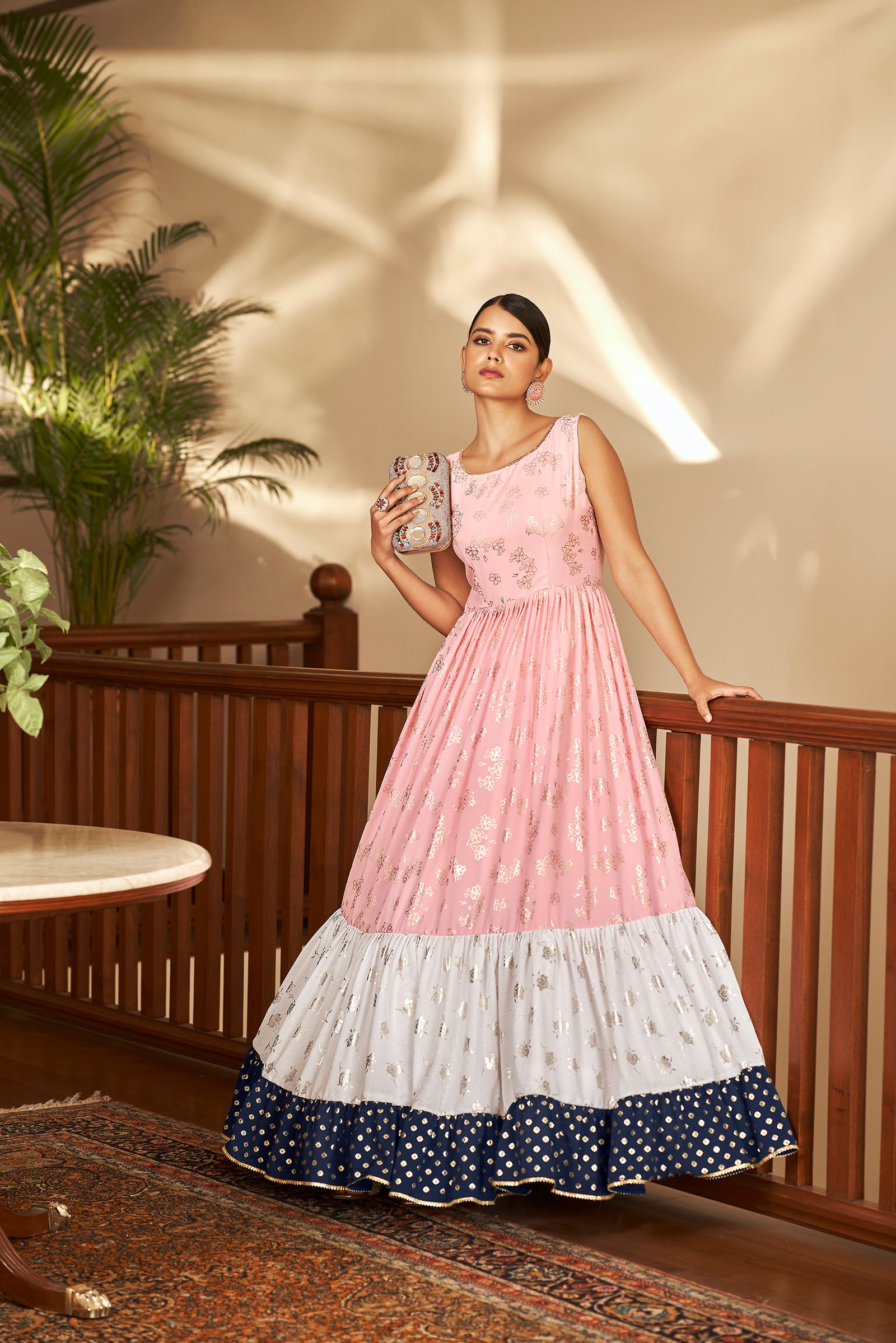 Pink Block Print Georgette Salwar Semi Stitched ClothsVilla