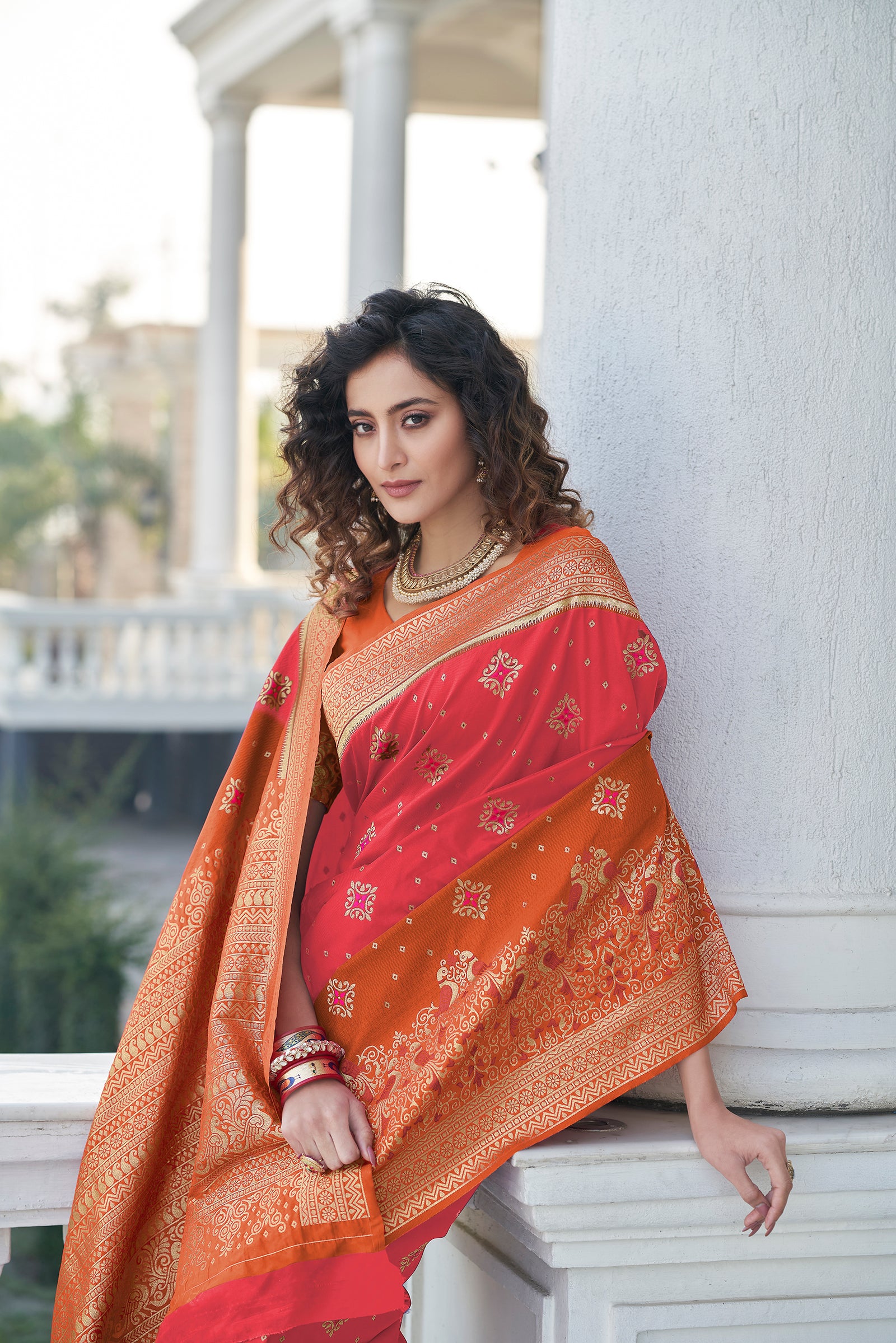 Pink Color Banarasi Silk Base Half And Half Silk Weave Saree ClothsVilla