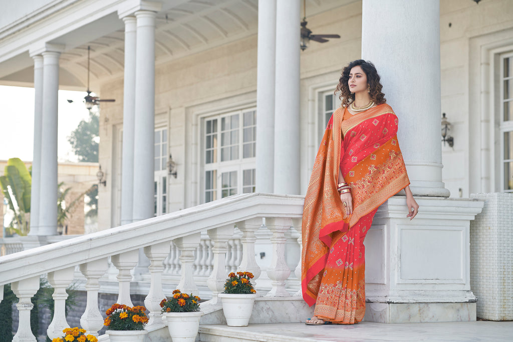 Pink Color Banarasi Silk Base Half And Half Silk Weave Saree ClothsVilla