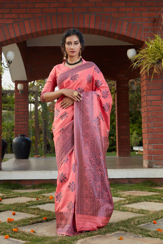 pink woven art silk saree with blouse with belt - LONDON BEAUTY