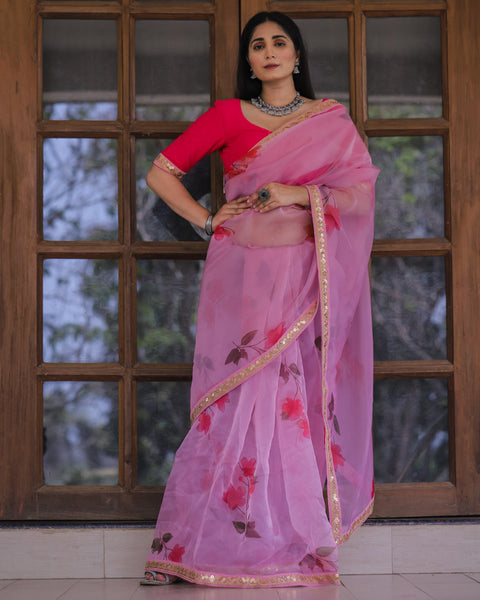 Pink Color Lace Work Flower Print Organza Saree - ClothsVilla.com Main image