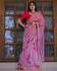 Pink Color Lace Work Flower Print Organza Saree - ClothsVilla.com