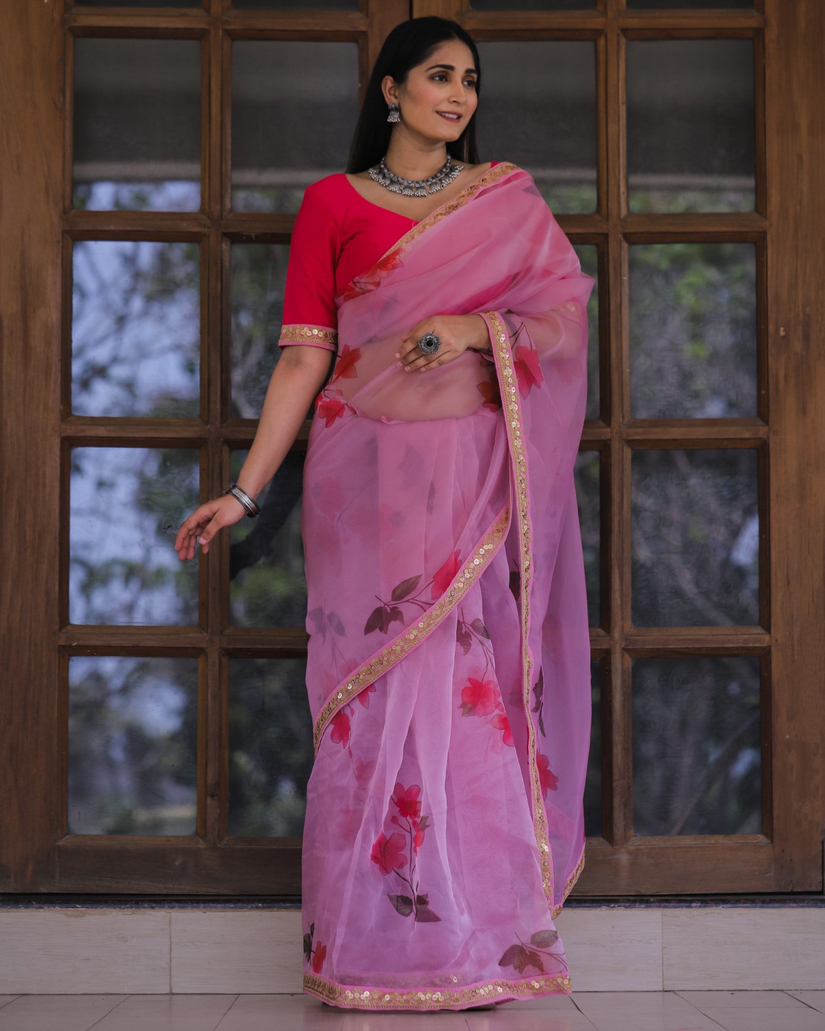 Pink Color Lace Work Flower Print Organza Saree - ClothsVilla.com