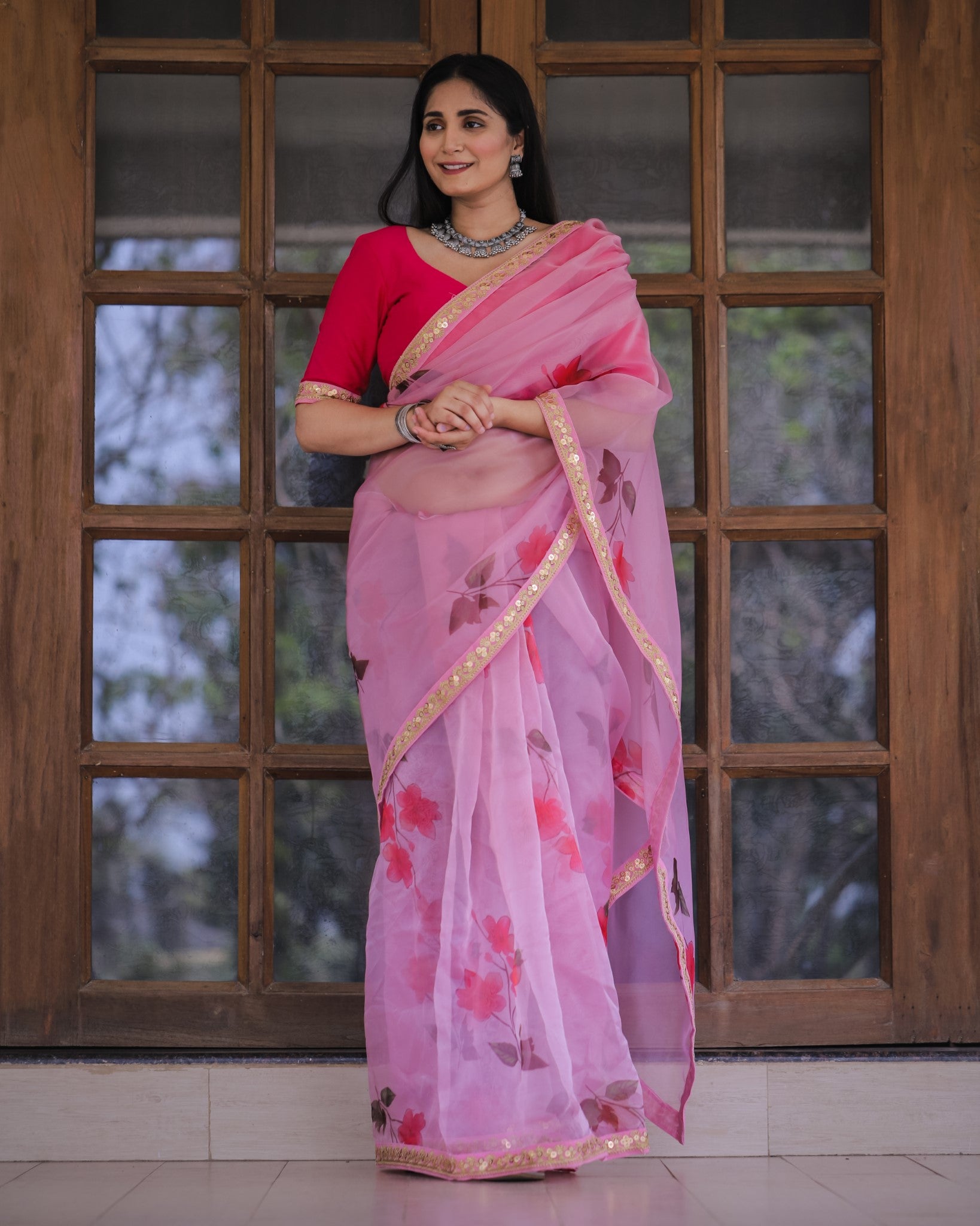 Pink Color Lace Work Flower Print Organza Saree - ClothsVilla.com