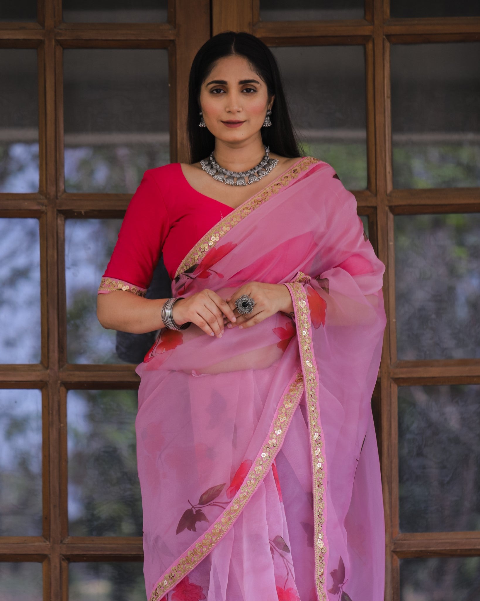 Pink Color Lace Work Flower Print Organza Saree - ClothsVilla.com