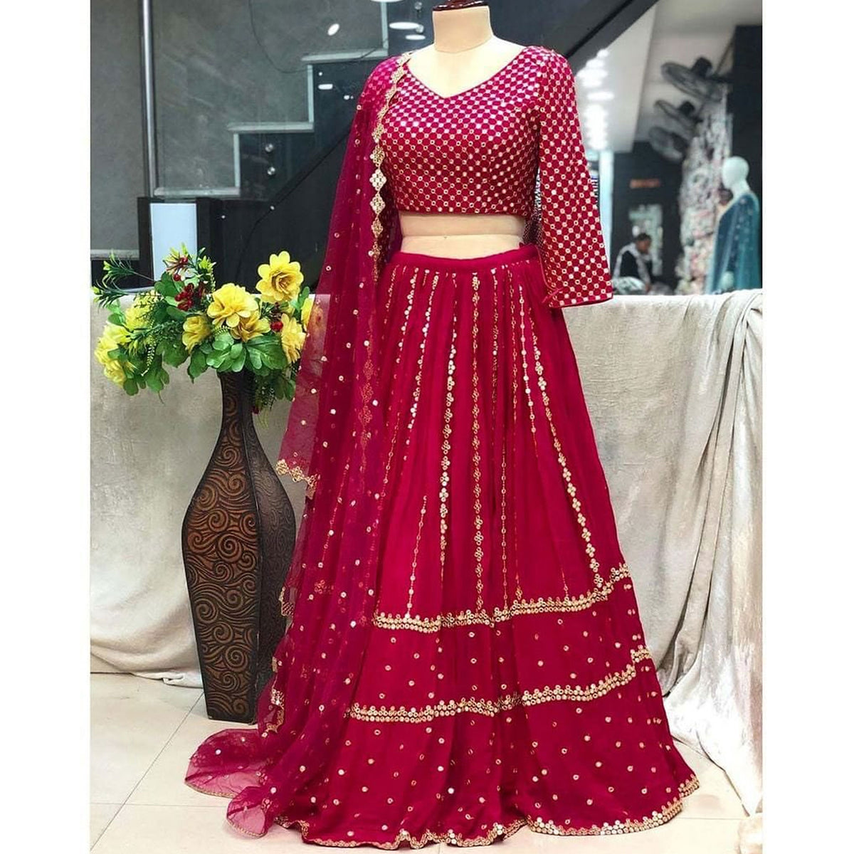 Pink Designer Lehenga Choli in Georgette with Mirror work for Wedding and Engagement ClothsVilla Main image