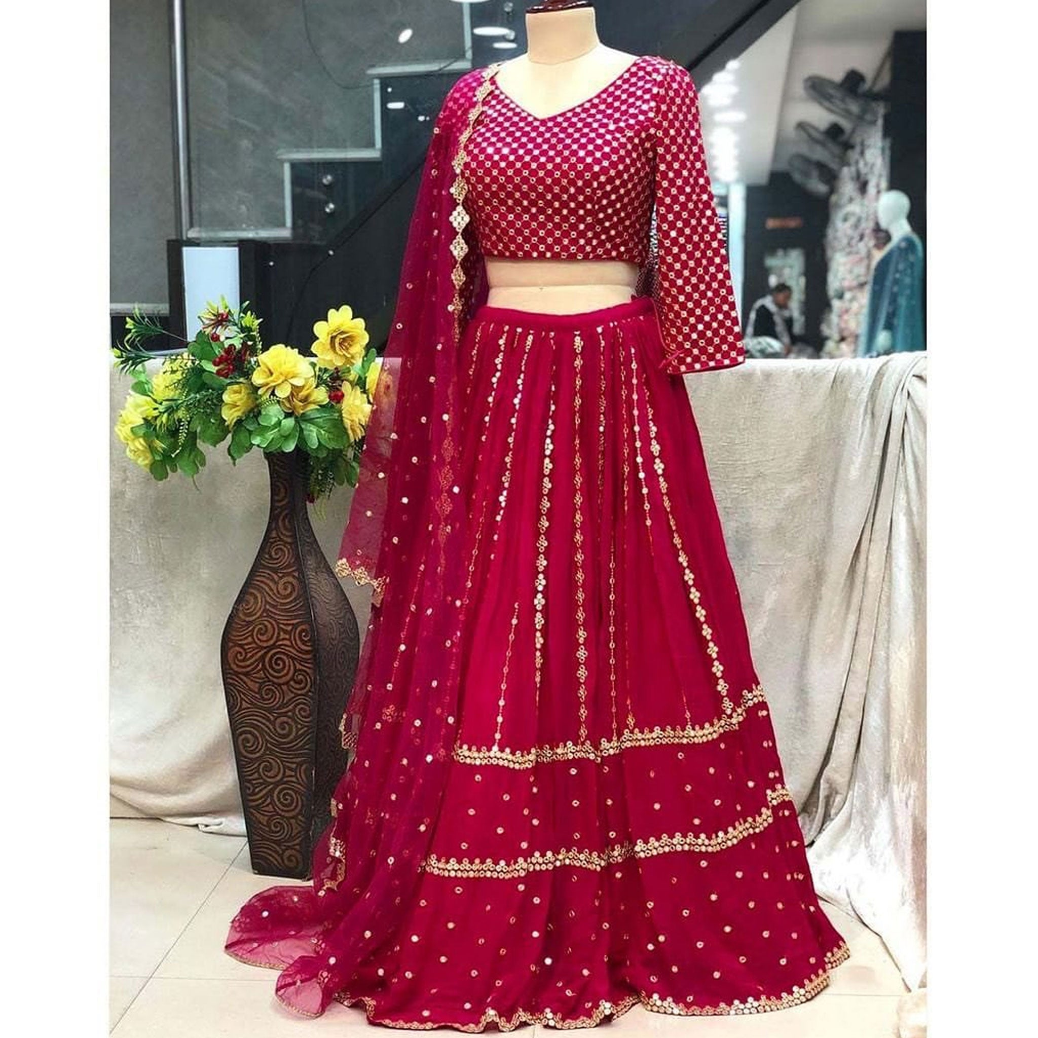 Pink Designer Lehenga Choli in Georgette with Mirror work for Wedding and Engagement ClothsVilla Main image