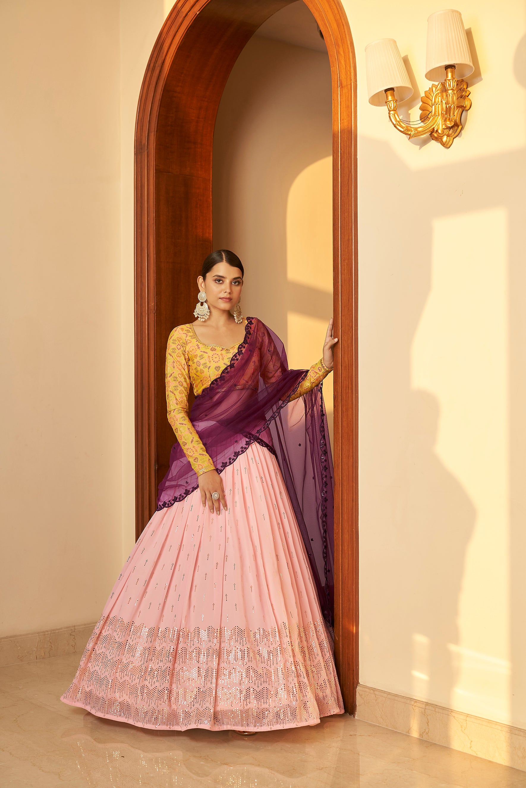 Pink Embellished Mukaish Work Georgette Semi Stitched Lehenga ClothsVilla