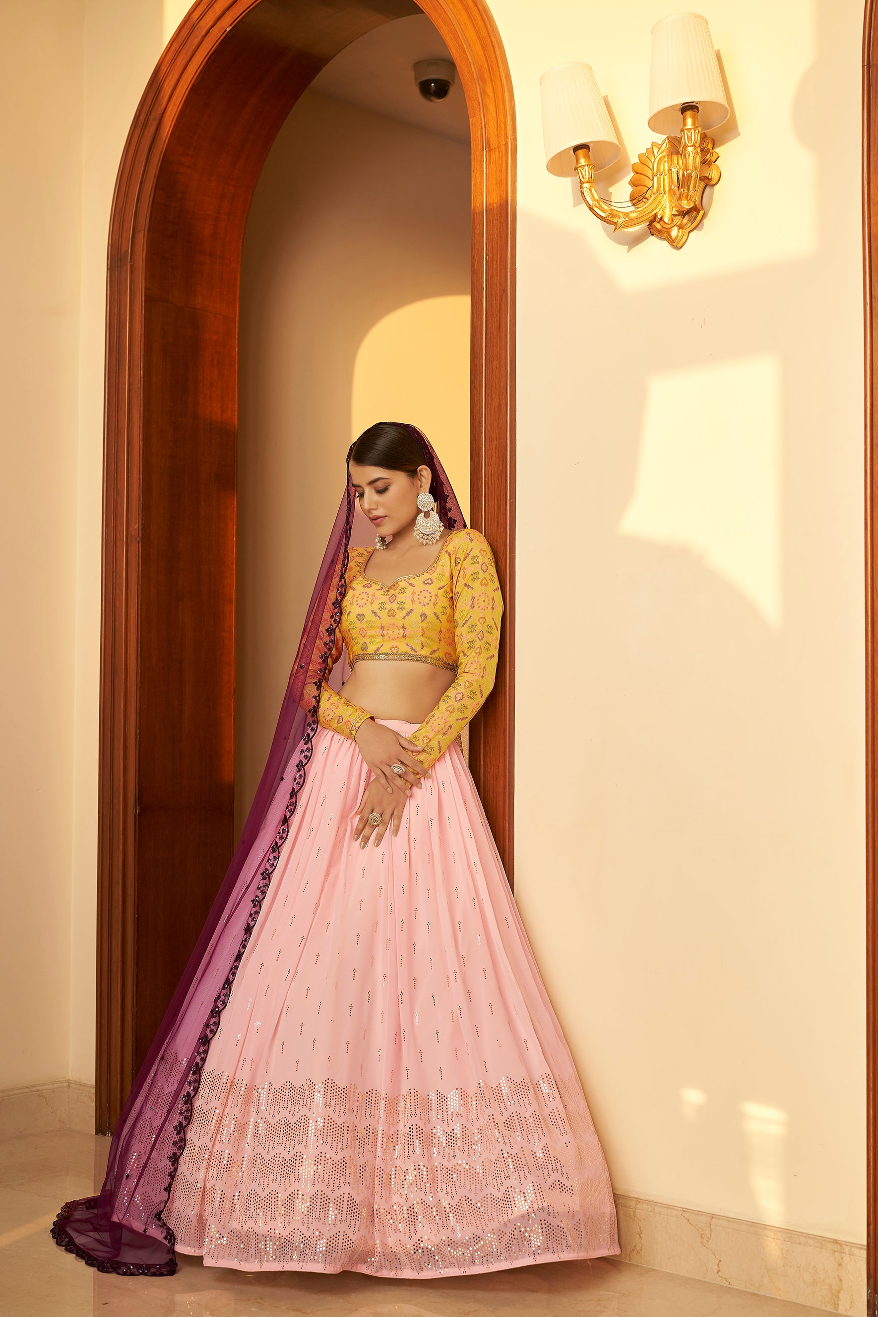 Pink Embellished Mukaish Work Georgette Semi Stitched Lehenga ClothsVilla