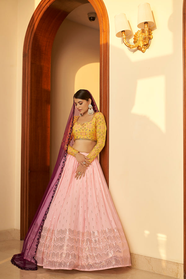 Pink Embellished Mukaish Work Georgette Semi Stitched Lehenga ClothsVilla