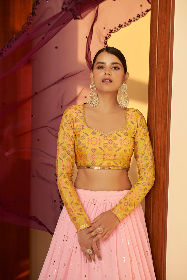 Pink Embellished Mukaish Work Georgette Semi Stitched Lehenga ClothsVilla