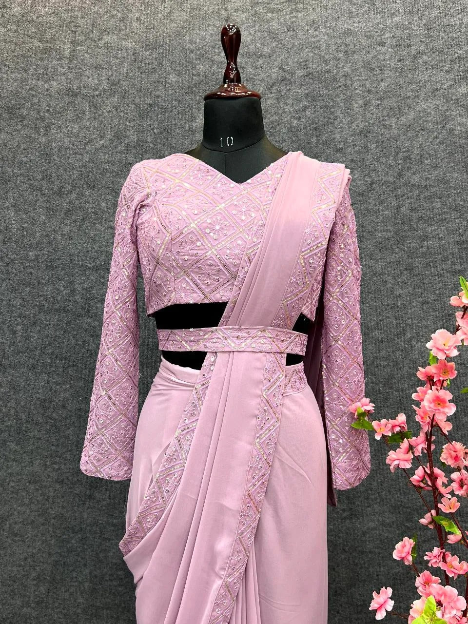 Pink Faux Georgette Border Lace Work Saree With Stitched Blouse ClothsVilla