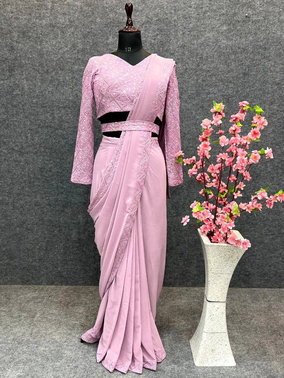 Pink Faux Georgette Border Lace Work Saree With Stitched Blouse ClothsVilla