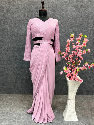 Pink Faux Georgette Border Lace Work Saree With Stitched Blouse ClothsVilla