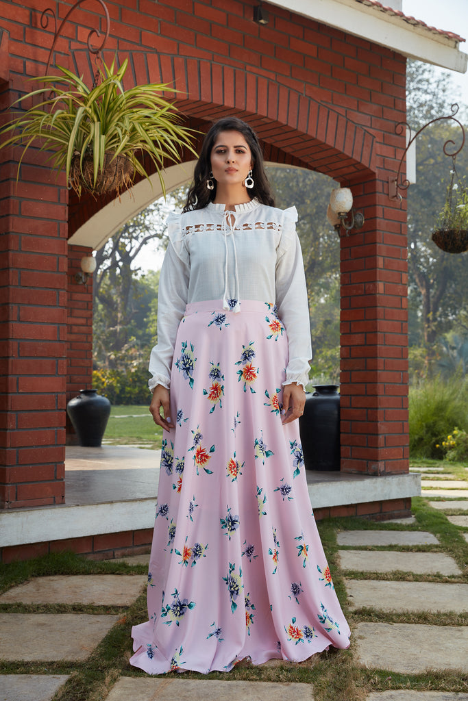 Pink Floral Crepe Indo Western Ready To Wear Skirt With Crop Top ClothsVilla