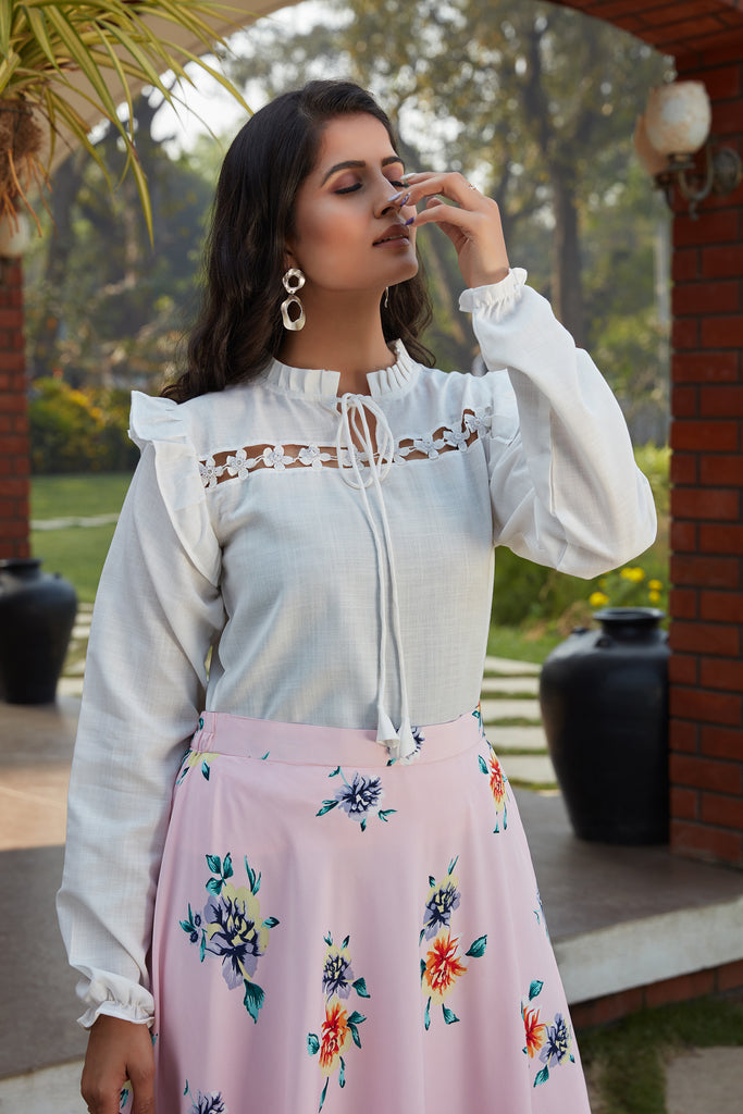 Pink Floral Crepe Indo Western Ready To Wear Skirt With Crop Top ClothsVilla