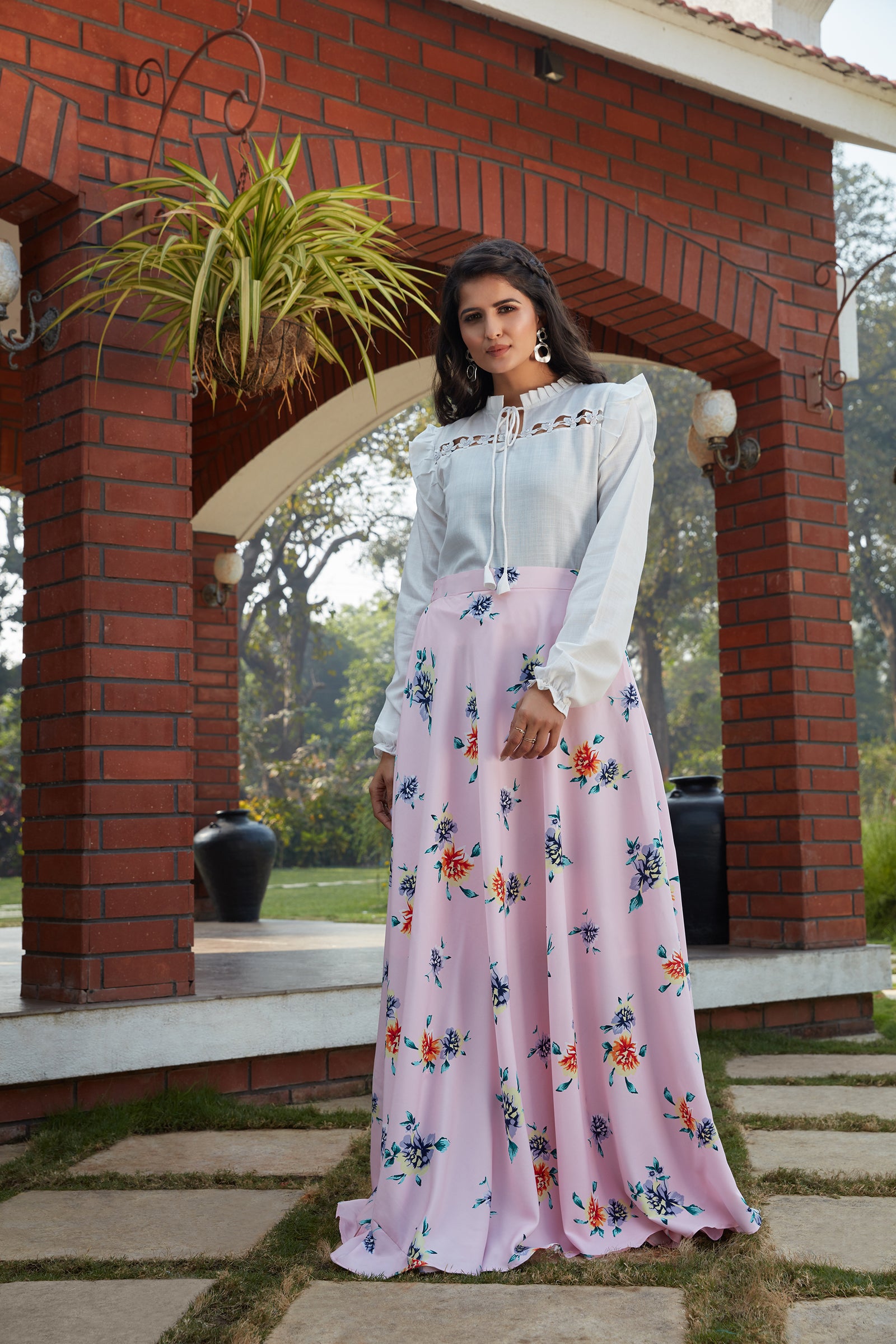 Pink Floral Crepe Indo Western Ready To Wear Skirt With Crop Top ClothsVilla