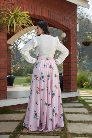 Pink Floral Crepe Indo Western Ready To Wear Skirt With Crop Top ClothsVilla