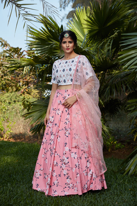 Pink Floral Crepe Party Wear Lehenga Choli With Dupatta ClothsVilla Main image