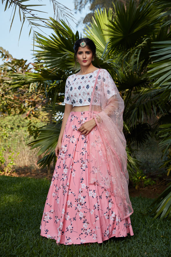 Pink Floral Crepe Party Wear Lehenga Choli With Dupatta ClothsVilla