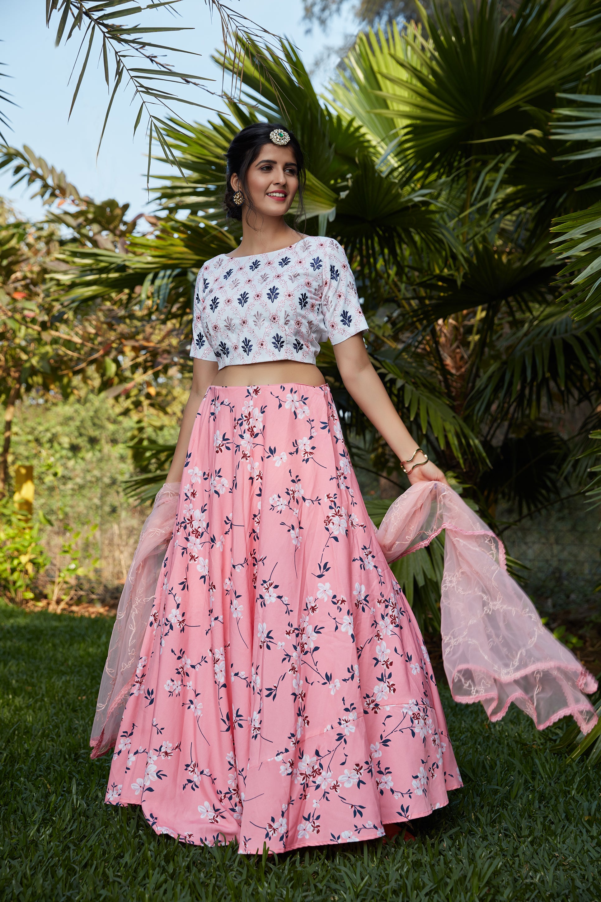 Pink Floral Crepe Party Wear Lehenga Choli With Dupatta ClothsVilla