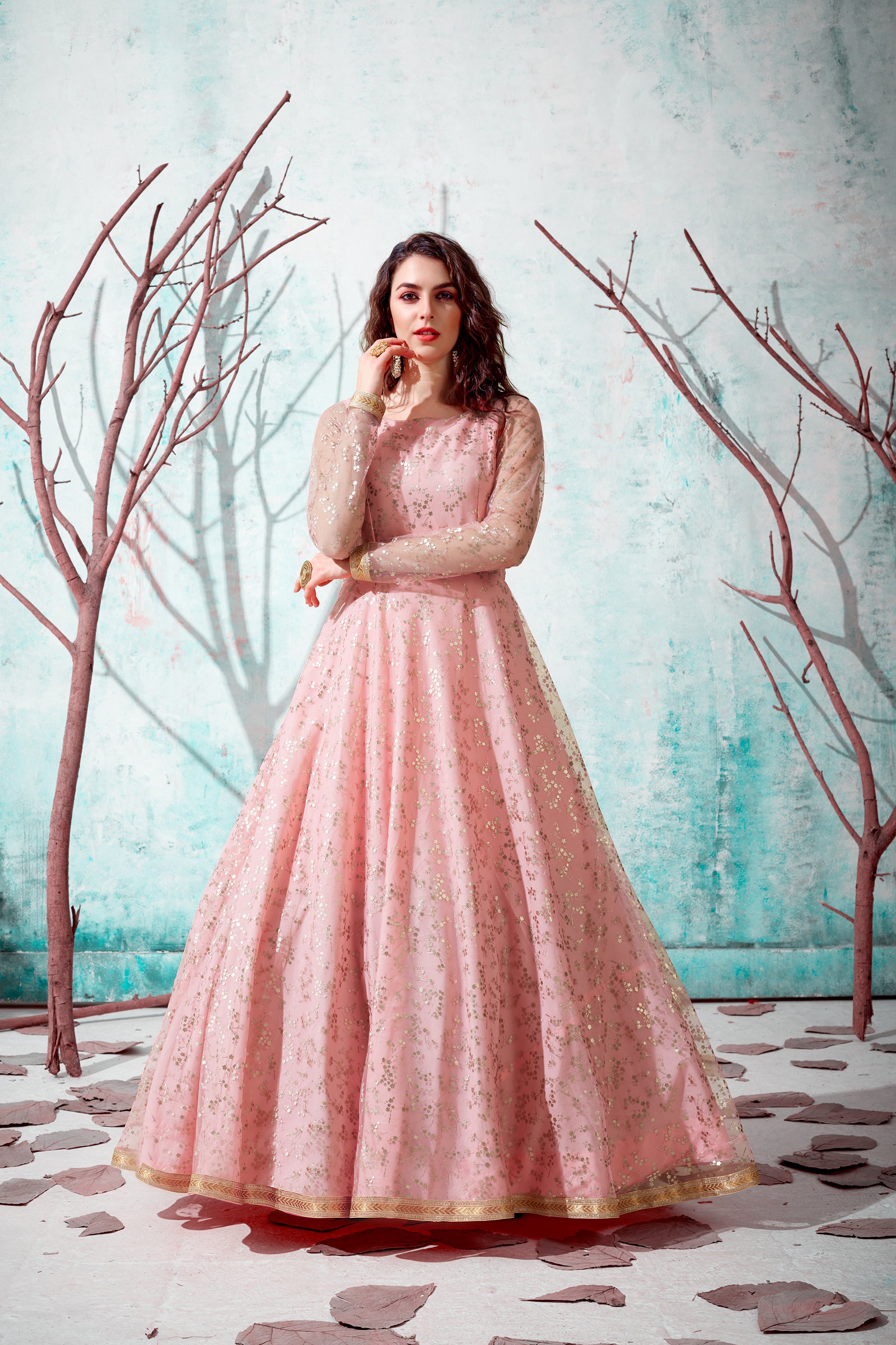 Pink Foil Work Net Party Wear Long Gown ClothsVilla Main image