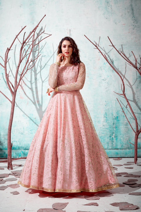 Pink Foil Work Net Party Wear Long Gown ClothsVilla Main image