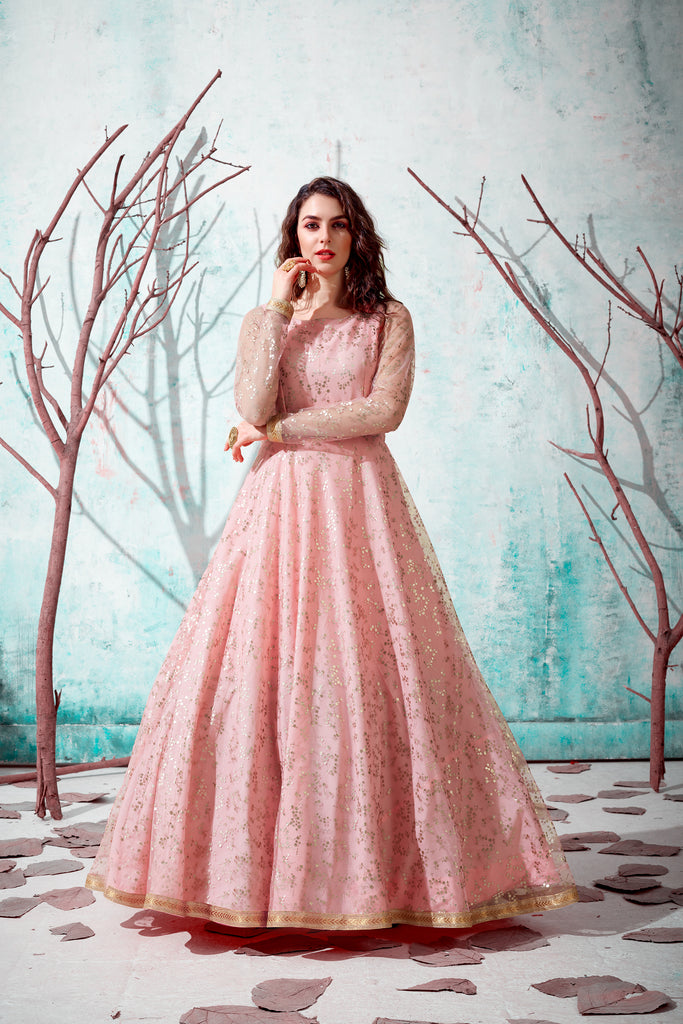 pink net dress for women Onion Pink Embroidered Net Gown