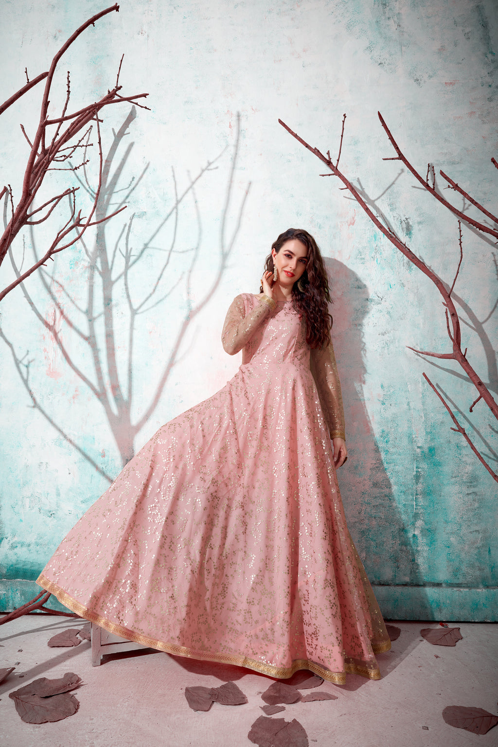 Pink Foil Work Net Party Wear Long Gown ClothsVilla