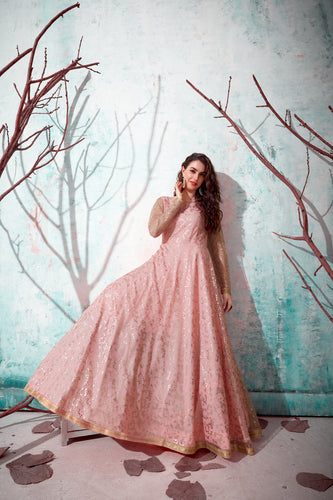 Pink Foil Work Net Party Wear Long Gown ClothsVilla
