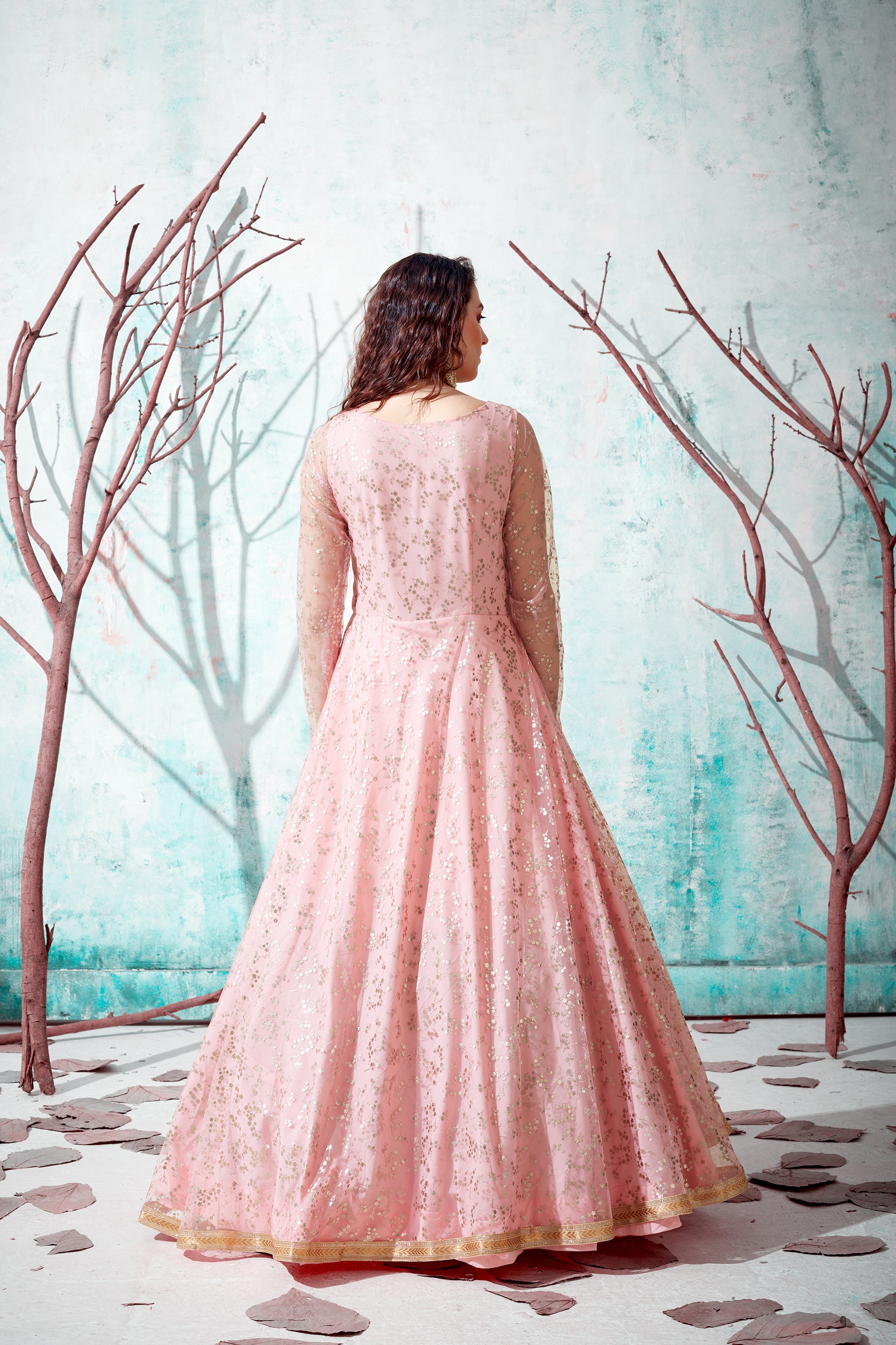 Pink Foil Work Net Party Wear Long Gown ClothsVilla