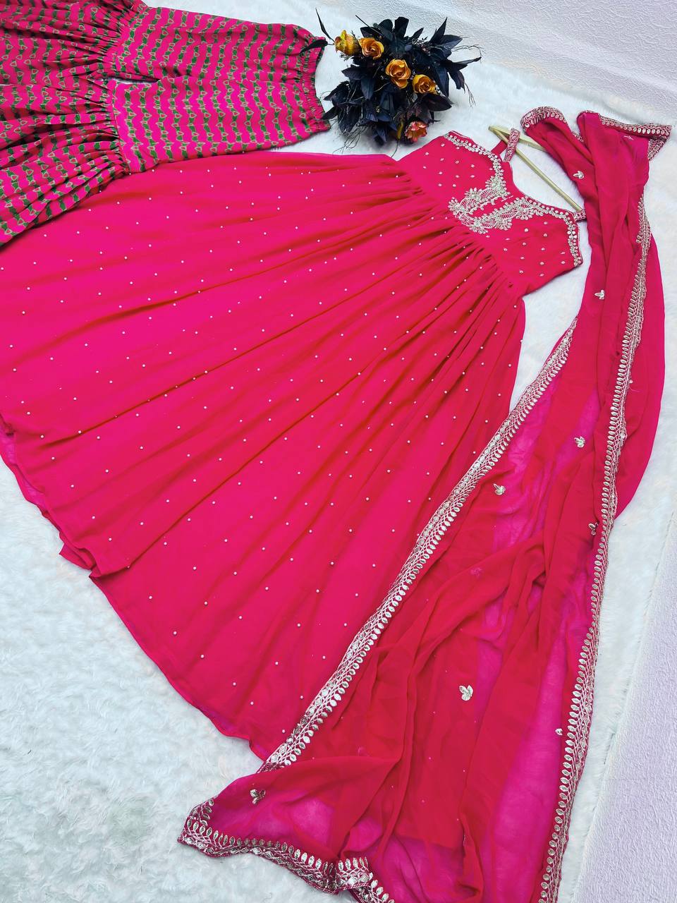 Pink Gown Palazzo Set in Faux Georgette with Embroidery Sequence Work ClothsVilla