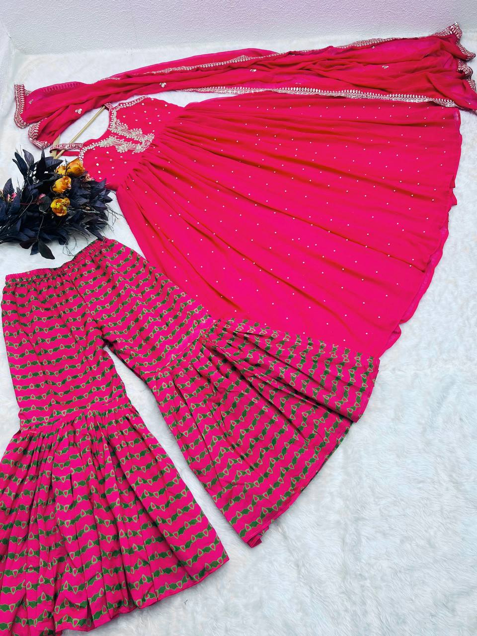 Pink Gown Palazzo Set in Faux Georgette with Embroidery Sequence Work ClothsVilla