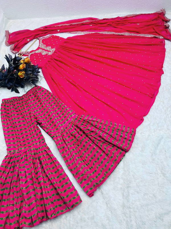 Pink Gown Palazzo Set in Faux Georgette with Embroidery Sequence Work ClothsVilla