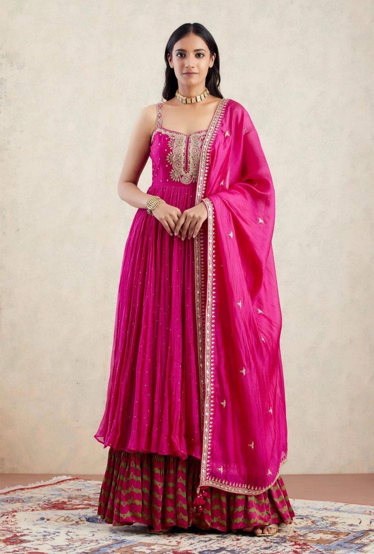 Pink Gown Palazzo Set in Faux Georgette with Embroidery Sequence Work ClothsVilla