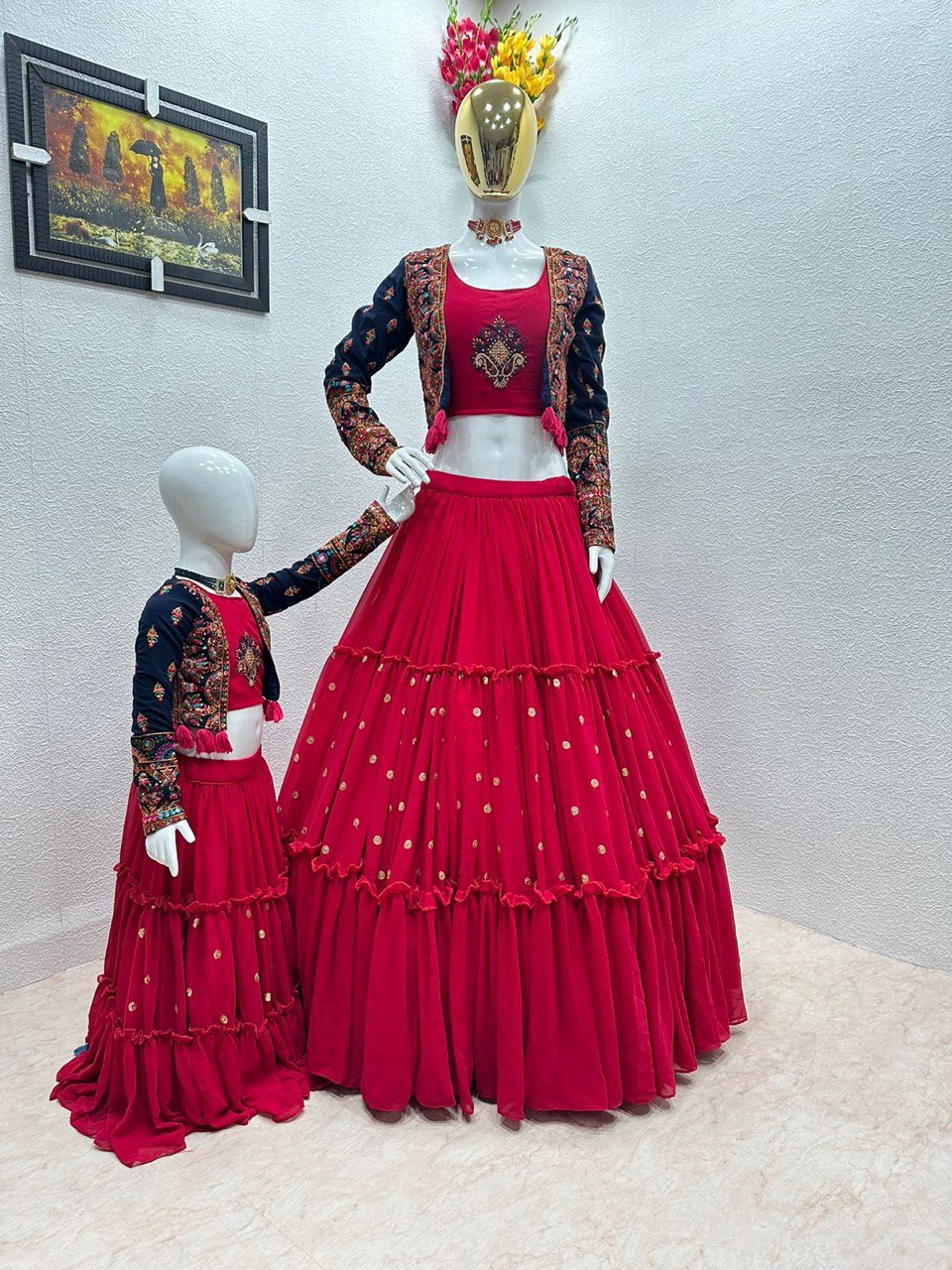 Pink Mom-Daughter Combo Lehenga Choli with Jacket ClothsVilla